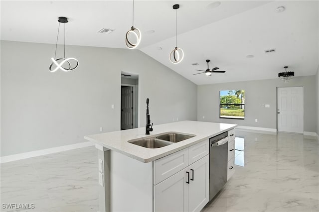 4011 7th St SW, Lehigh Acres, FL 33976 - kitchen featuring light marble finish flooring, open floor plan, vaulted ceiling, stainless steel dishwasher, and ceiling fan