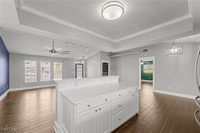 1311 SE 11th St, Cape Coral, FL 33990 - kitchen with a ceiling fan, dark wood-style floors, baseboards, open floor plan, and crown molding