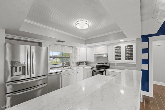 1311 SE 11th St, Cape Coral, FL 33990 - kitchen with a tray ceiling, stainless steel appliances, a sink, ornamental molding, and white cabinets