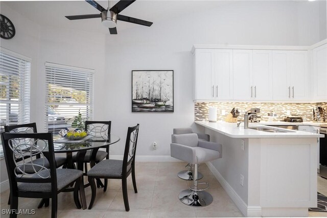 227 SW 48th Ter, Cape Coral, FL 33914 - kitchen with a sink, a ceiling fan, tasteful backsplash, a peninsula, and light countertops