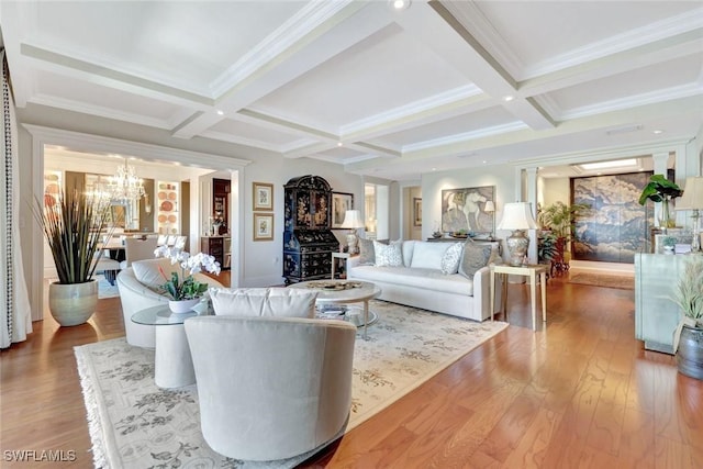 1920 Virginia Ave Unit 1602, Fort Myers, FL 33901 - living area featuring a chandelier, coffered ceiling, beamed ceiling, wood finished floors, and ornamental molding