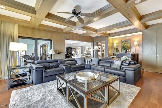 1920 Virginia Ave Unit 1602, Fort Myers, FL 33901 - living area featuring wood finished floors, beam ceiling, ceiling fan, coffered ceiling, and healthy amount of natural light