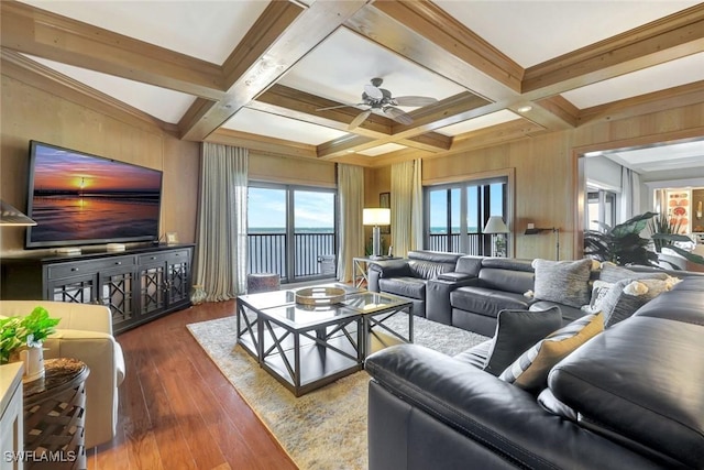 1920 Virginia Ave Unit 1602, Fort Myers, FL 33901 - living room featuring ceiling fan, beamed ceiling, hardwood / wood-style floors, and coffered ceiling