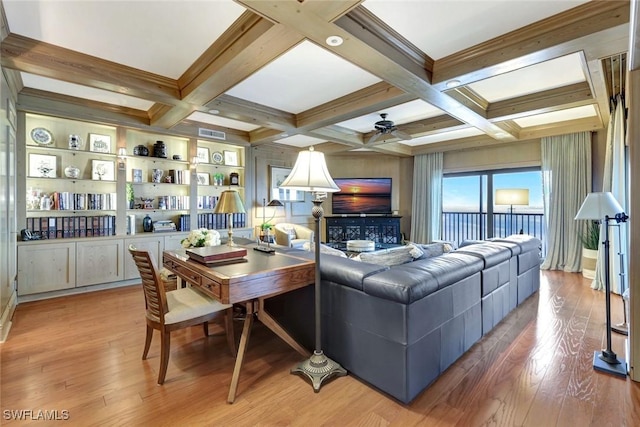 1920 Virginia Ave Unit 1602, Fort Myers, FL 33901 - living area featuring ceiling fan, beam ceiling, light wood-style floors, and coffered ceiling