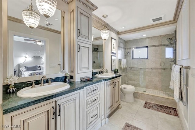 1920 Virginia Ave Unit 1602, Fort Myers, FL 33901 - ensuite bathroom featuring ornamental molding, a stall shower, double vanity, toilet, and ceiling fan