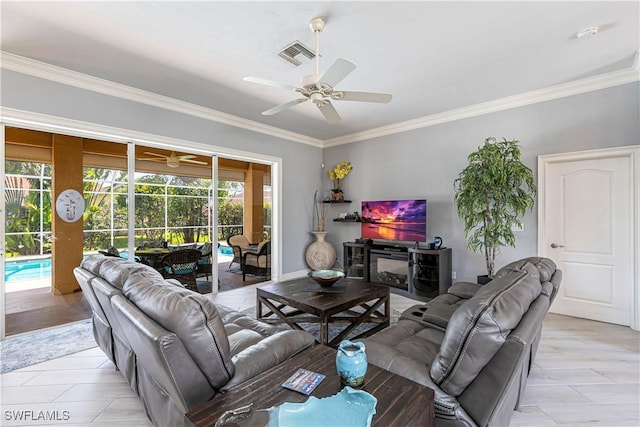10630 Woodchuck Ln, Bonita Springs, FL 34135 - living area with a ceiling fan, a sunroom, ornamental molding, and light tile patterned floors