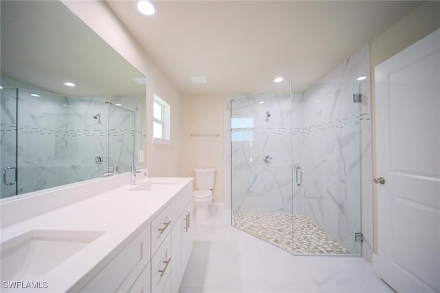 1893 Weldon Ave, Lehigh Acres, FL 33972 - bathroom with toilet, recessed lighting, a marble finish shower, and double vanity