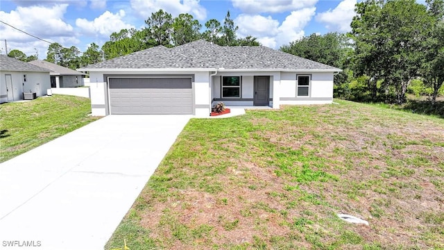 1895 Weldon Ave, Lehigh Acres, FL 33972 - ranch-style home featuring stucco siding, an attached garage, a front yard, driveway, and cooling unit