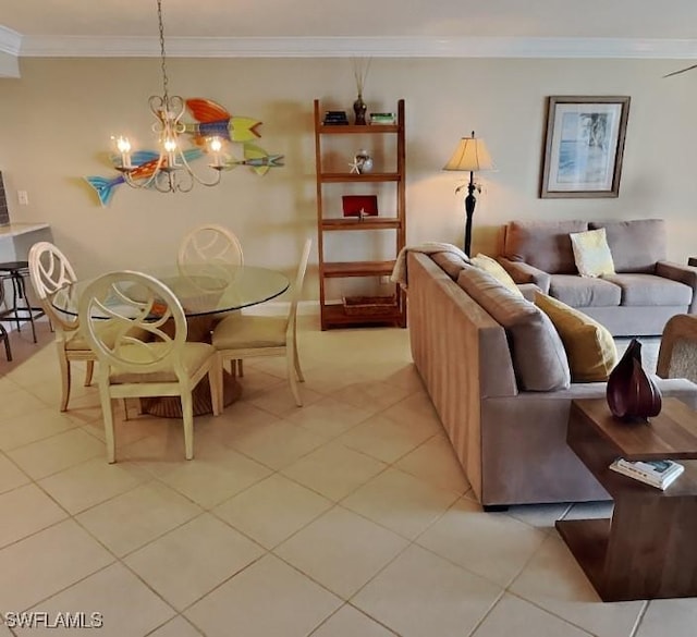 17170 Harbour Point Dr Unit 736, Fort Myers, FL 33908 - living area with a chandelier, light tile patterned floors, and ornamental molding