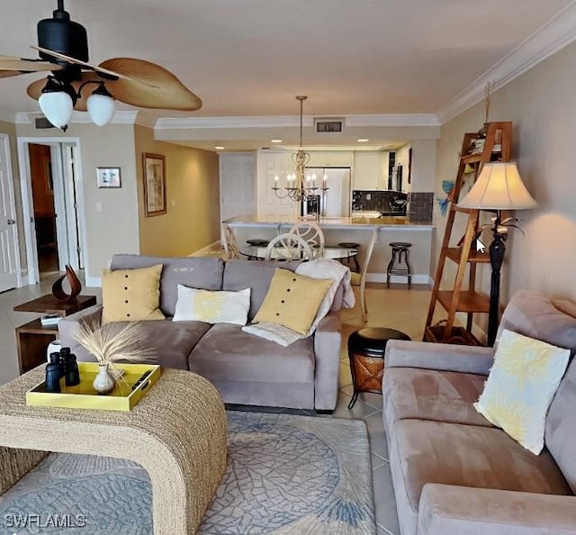 17170 Harbour Point Dr Unit 736, Fort Myers, FL 33908 - living area with crown molding, light tile patterned flooring, a ceiling fan, and a chandelier