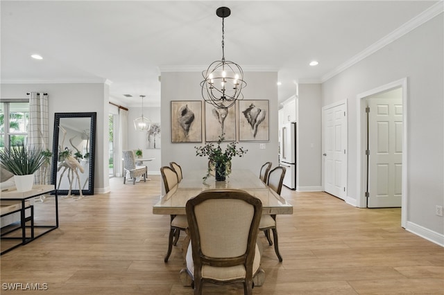 28657 San Lucas Ln Unit 102, Bonita Springs, FL 34135 - dining room featuring a chandelier, recessed lighting, ornamental molding, and light wood-style floors