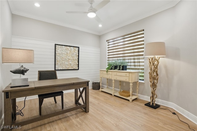 28657 San Lucas Ln Unit 102, Bonita Springs, FL 34135 - office space featuring ceiling fan, light wood-style flooring, crown molding, and recessed lighting