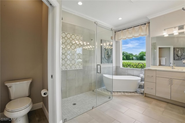 28657 San Lucas Ln Unit 102, Bonita Springs, FL 34135 - full bath featuring vanity, a freestanding tub, a shower stall, ornamental molding, and tile patterned floors