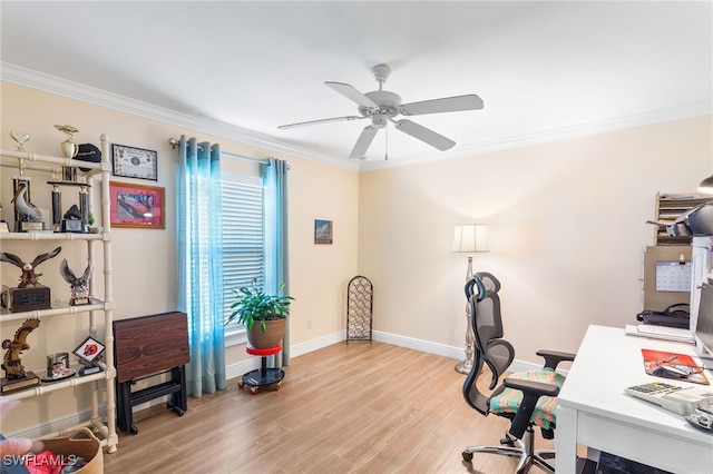 2608 NW 25th Ave, Cape Coral, FL 33993 - office area with crown molding, a ceiling fan, light wood-type flooring, and baseboards
