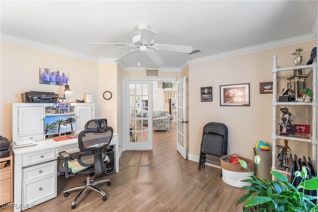2608 NW 25th Ave, Cape Coral, FL 33993 - home office featuring french doors, crown molding, baseboards, light wood-style flooring, and ceiling fan
