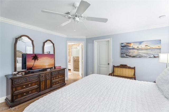 2608 NW 25th Ave, Cape Coral, FL 33993 - bedroom with crown molding, a ceiling fan, wood finished floors, baseboards, and connected bathroom
