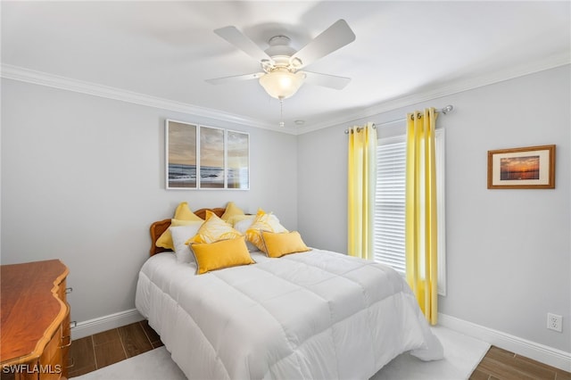 2608 NW 25th Ave, Cape Coral, FL 33993 - bedroom featuring wood finished floors, baseboards, multiple windows, crown molding, and a ceiling fan