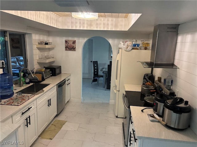 5504 Brookfield St, Lehigh Acres, FL 33971 - kitchen with exhaust hood, stainless steel appliances, light marble finish flooring, a sink, and light countertops