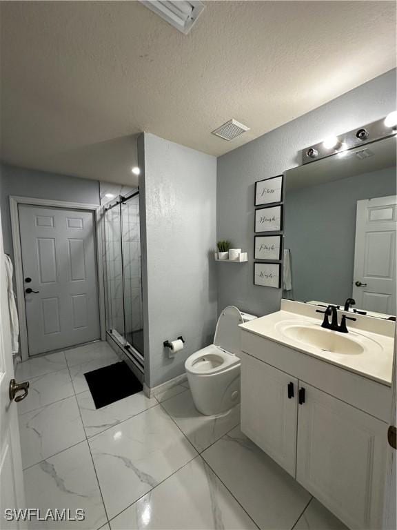 1839 Jovita Ave, Lehigh Acres, FL 33972 - bathroom featuring vanity, a stall shower, toilet, baseboards, and marble finish flooring