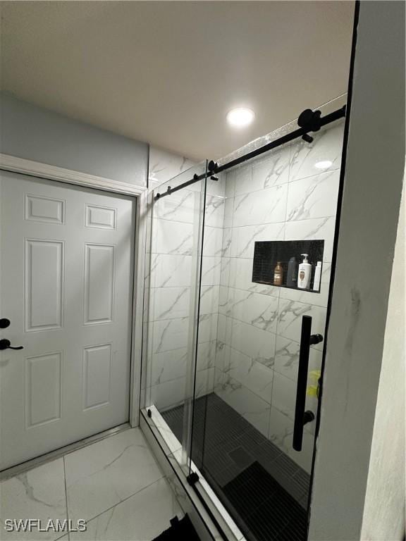1839 Jovita Ave, Lehigh Acres, FL 33972 - full bathroom featuring marble look tile flooring, a marble finish shower, and recessed lighting
