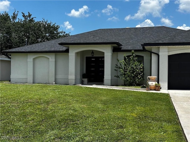 1839 Jovita Ave, Lehigh Acres, FL 33972 - view of front of home with a shingled roof, a front lawn, a garage, concrete driveway, and stucco siding
