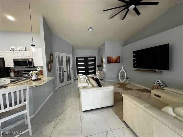 1839 Jovita Ave, Lehigh Acres, FL 33972 - living area featuring a ceiling fan, french doors, light marble finish floors, baseboards, and high vaulted ceiling