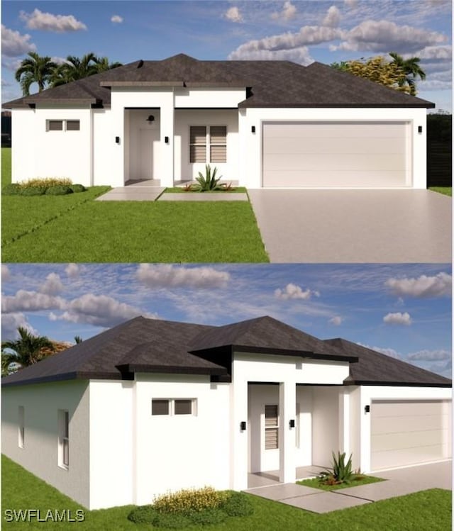 205 Australian Dr, Rotonda West, FL 33947 - view of front of house with stucco siding, a front lawn, driveway, and a garage