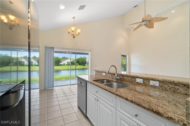 25941 Pebblecreek Dr, Bonita Springs, FL 34135 - kitchen with a sink, dishwasher, white cabinetry, a high ceiling, and light tile patterned flooring