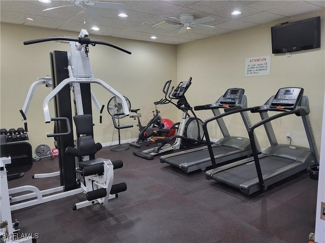 6142 Whiskey Creek Dr Unit 628, Fort Myers, FL 33919 - exercise room with a ceiling fan and a drop ceiling