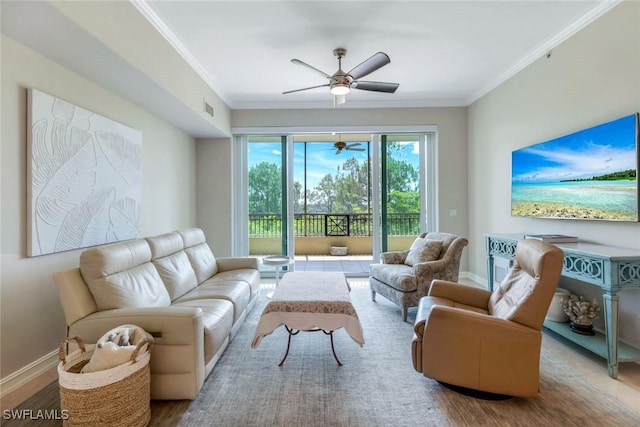 2728 Tiburon Blvd E Unit A403, Naples, FL 34109 - living room featuring ornamental molding, ceiling fan, baseboards, and wood finished floors