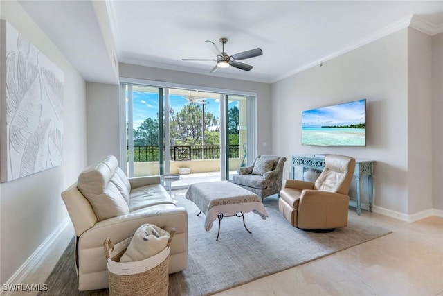 2728 Tiburon Blvd E Unit A403, Naples, FL 34109 - living area featuring crown molding, ceiling fan, and baseboards