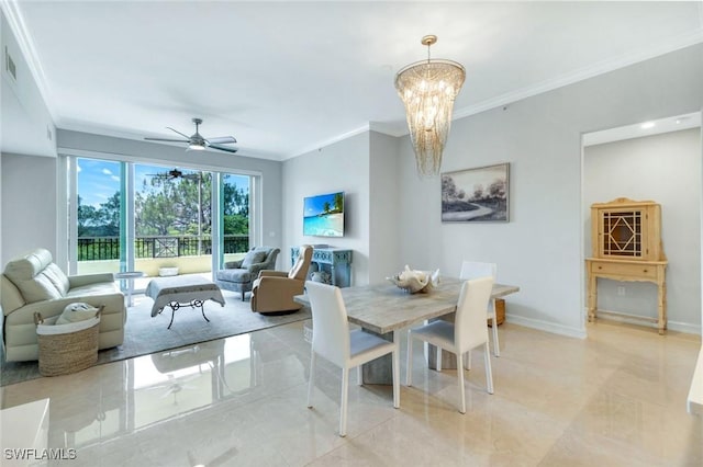 2728 Tiburon Blvd E Unit A403, Naples, FL 34109 - dining area featuring crown molding, a chandelier, a ceiling fan, baseboards, and light tile patterned flooring