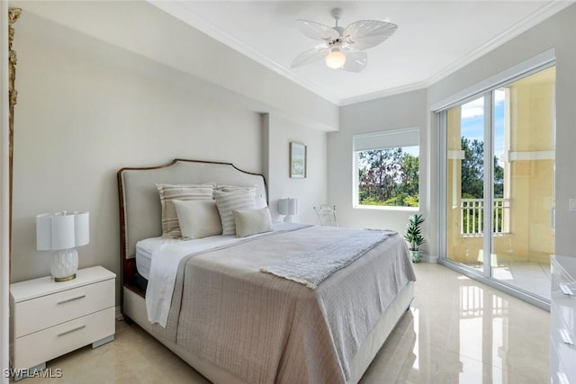 2728 Tiburon Blvd E Unit A403, Naples, FL 34109 - bedroom with ornamental molding, access to outside, and ceiling fan