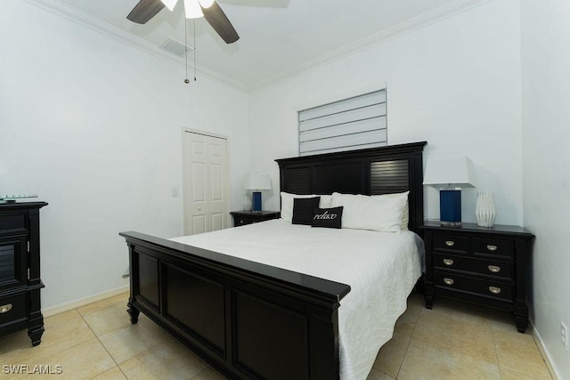 2140 8th St NE, Naples, FL 34120 - bedroom featuring ornamental molding, light tile patterned floors, baseboards, and a ceiling fan