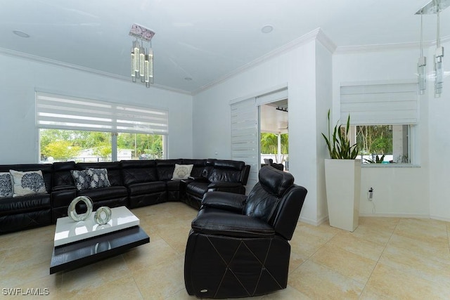 2140 8th St NE, Naples, FL 34120 - tiled living room with crown molding, a chandelier, and baseboards