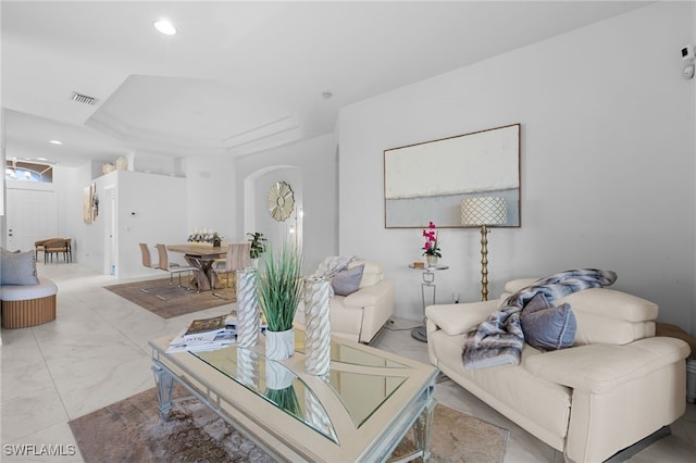7384 Sika Deer Way, Fort Myers, FL 33966 - living room featuring marble finish flooring, arched walkways, and recessed lighting