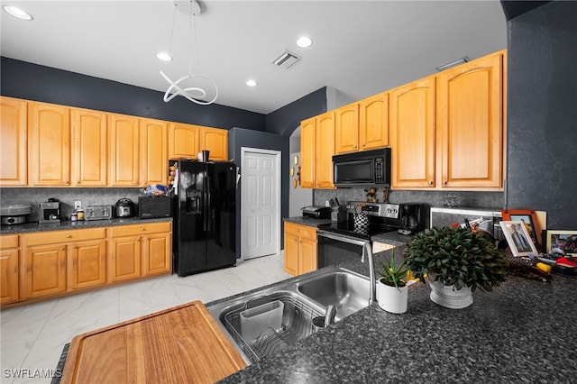7384 Sika Deer Way, Fort Myers, FL 33966 - kitchen with black appliances, tasteful backsplash, light brown cabinets, and recessed lighting