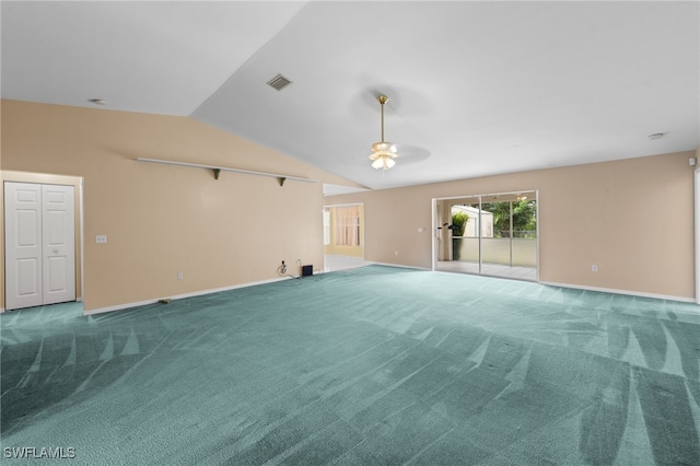 206 SE 12th Ter, Cape Coral, FL 33990 - empty room with a ceiling fan, carpet, lofted ceiling, and baseboards