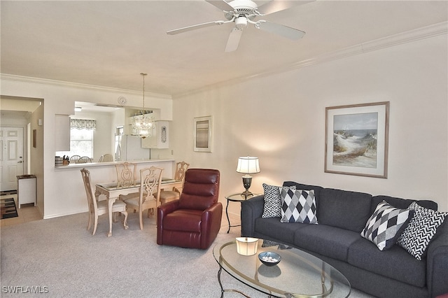 10350 Washingtonia Palm Way Unit 4234, Fort Myers, FL 33966 - carpeted living room featuring ornamental molding, a chandelier, and ceiling fan