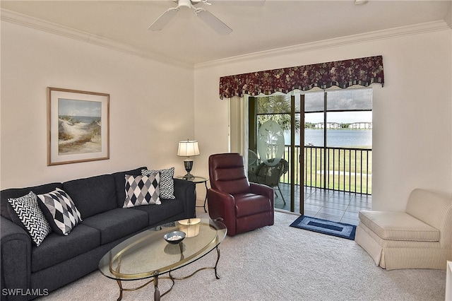 10350 Washingtonia Palm Way Unit 4234, Fort Myers, FL 33966 - living area featuring ornamental molding, carpet floors, ceiling fan, and a water view