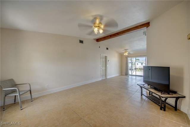 2692 Clyde St, Matlacha, FL 33993 - living area with ceiling fan, baseboards, and light tile patterned flooring