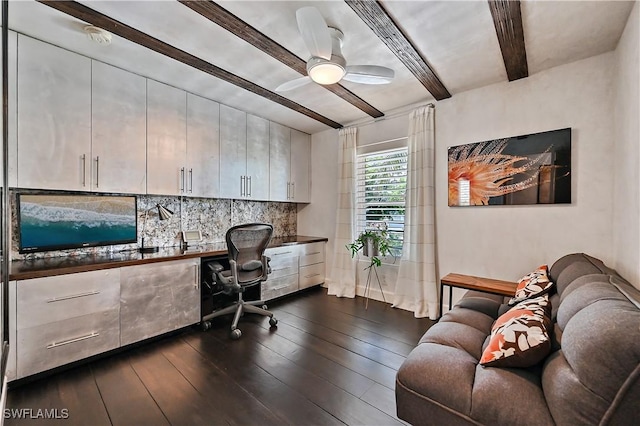 4680 Key Largo Ln, Bonita Springs, FL 34134 - office area featuring built in desk, beam ceiling, dark wood-style flooring, and a ceiling fan