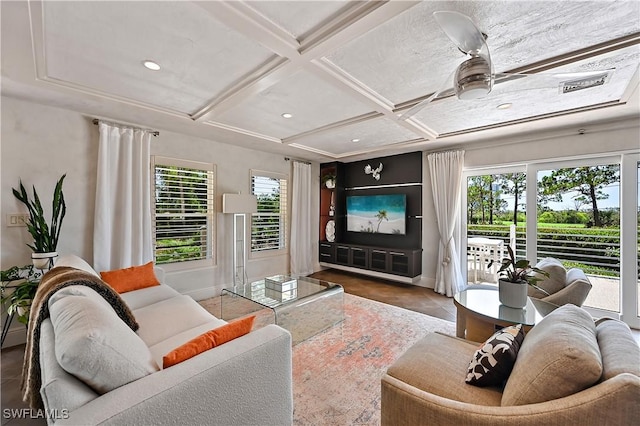 4680 Key Largo Ln, Bonita Springs, FL 34134 - living room featuring coffered ceiling, plenty of natural light, ceiling fan, baseboards, and recessed lighting