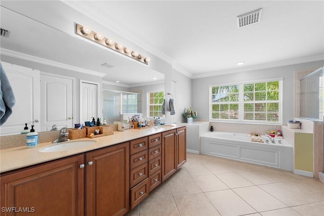 8364 Laurel Lakes Blvd, Naples, FL 34119 - full bathroom with a stall shower, double vanity, a garden tub, tile patterned flooring, and crown molding