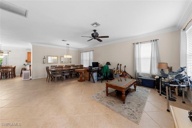 8364 Laurel Lakes Blvd, Naples, FL 34119 - living area featuring light tile patterned floors, crown molding, plenty of natural light, and ceiling fan