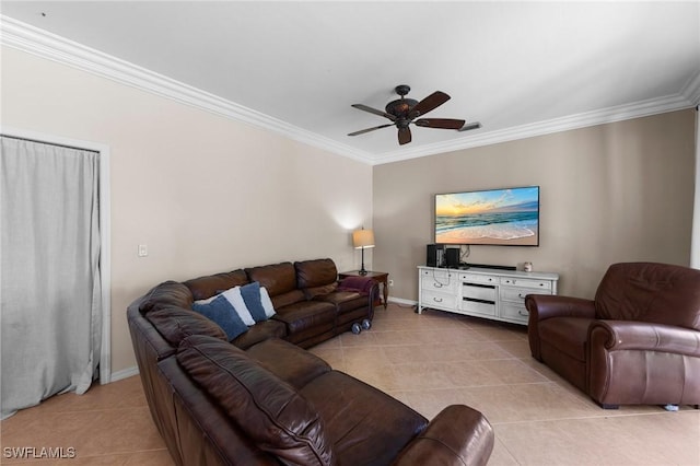8364 Laurel Lakes Blvd, Naples, FL 34119 - living area with light tile patterned floors, crown molding, and ceiling fan