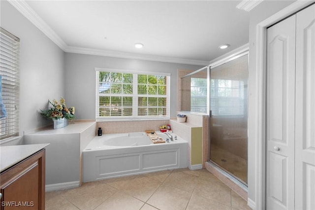 8364 Laurel Lakes Blvd, Naples, FL 34119 - full bath with a bath, ornamental molding, a shower stall, vanity, and tile patterned flooring