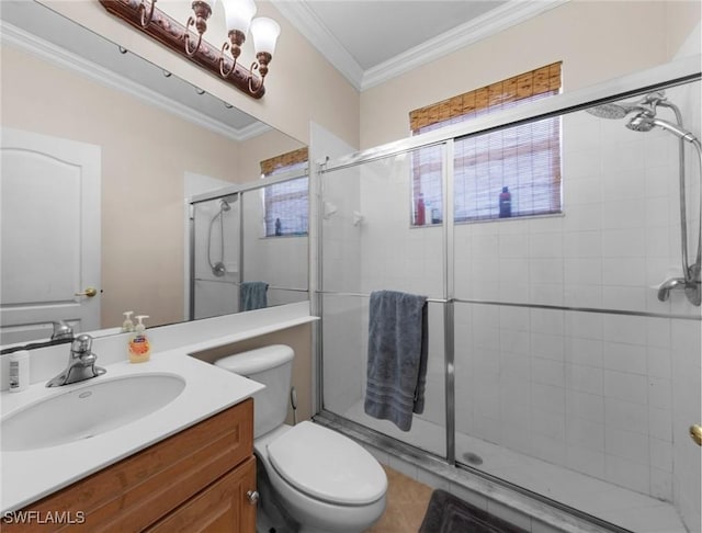 8364 Laurel Lakes Blvd, Naples, FL 34119 - bathroom with a stall shower, vanity, and crown molding