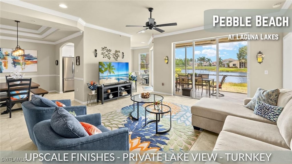 9209 Calle Arragon Ave Unit 103, Fort Myers, FL 33908 - living area featuring arched walkways, ornamental molding, a ceiling fan, baseboards, and recessed lighting