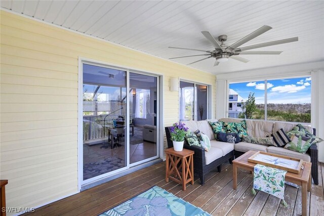 654 Sea Oats Dr, Sanibel, FL 33957 - deck featuring an outdoor hangout area and ceiling fan